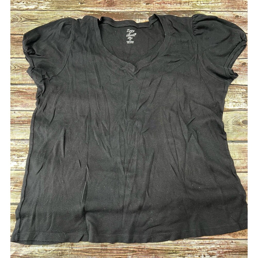 Zoey & Beth Plus Size 3X Women's Black V-Neck Top with Cute Sleeves
